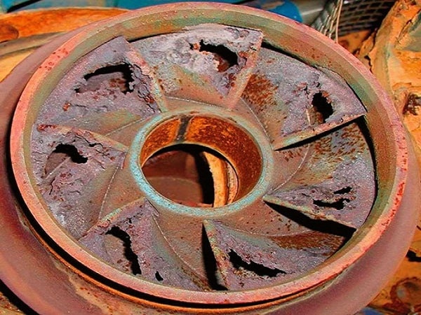 Corrosion caused by cavitation in a pump